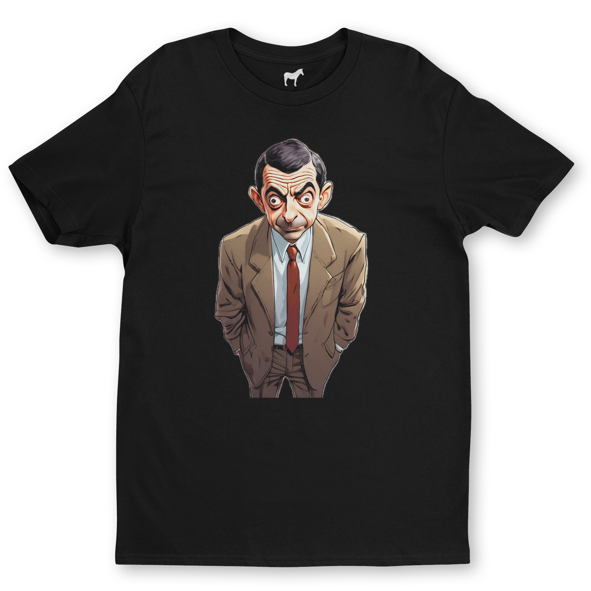 Black t-shirt with a graphic of a character in a suit